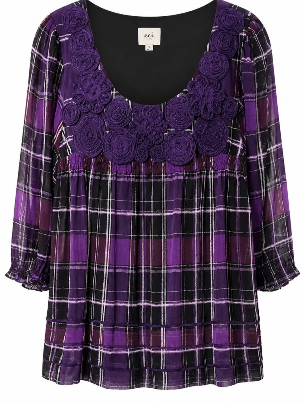 ECI Feminine 3D Embellished Y2K Floral Plaid Blouse Size 12